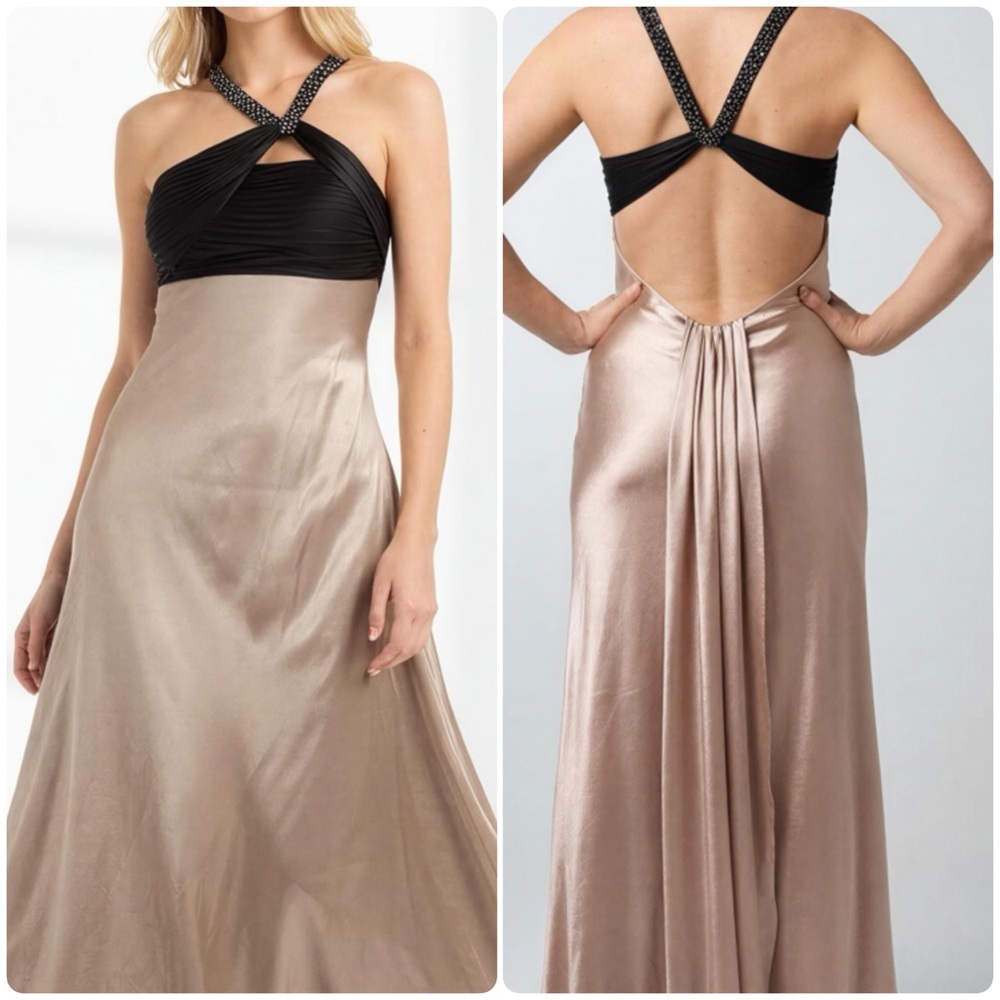 Adrianna Papell Champagne/Black Beaded Strap‎ Low Back Formal Dress -- 3/4